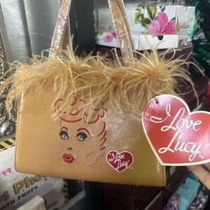 I Love Lucy Tan Shoulder Bag with Feather Trim
